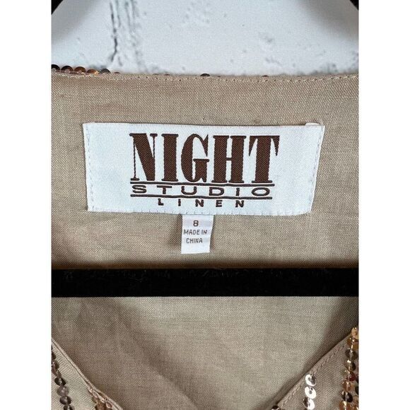 NIGHT STUDIO LINEN beige linen sequins 3/4 sleeve blazer jacket blouse tunic 8 - Picture 3 of 13